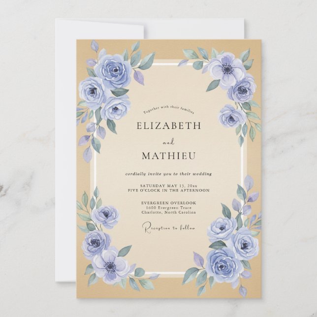 Champagne Periwinkle Ranunculus Dusty Eucalyptus W Invitation (Front)