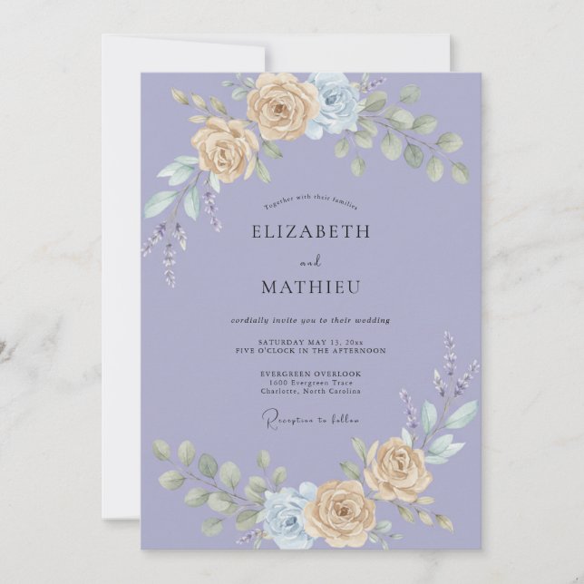 Champagne Periwinkle Ranunculus Eucalyptus Wedding Invitation (Front)