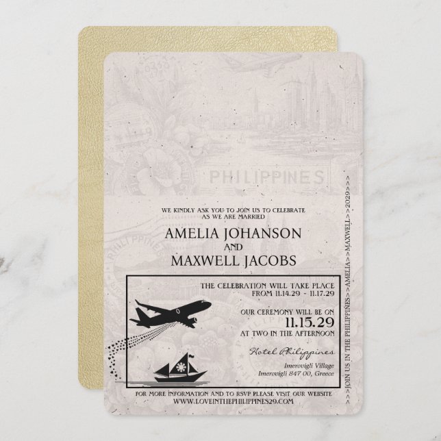 Champagne Philippines Passport Wedding Invitation (Front/Back)