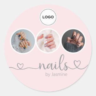 Champagne Pink 3 Photo Nail Tech Logo Thank You Classic Round Sticker