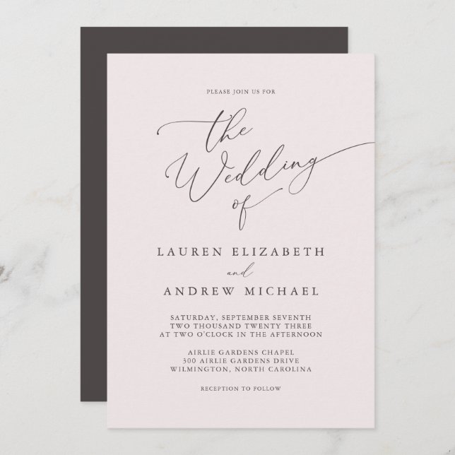 Champagne Pink and Brown Minimalist Wedding Invitation (Front/Back)