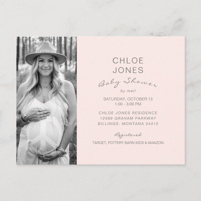 Champagne Pink Baby Shower by Mail B/W Photo  Invitation Postcard (Front)