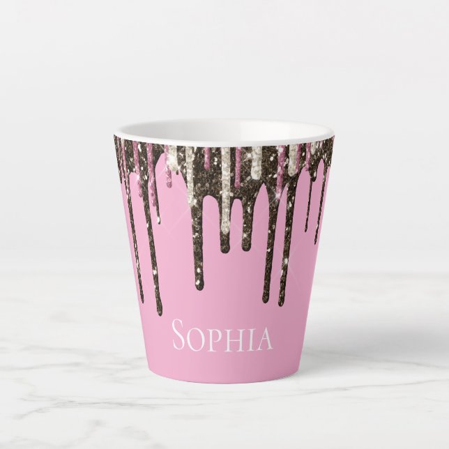 Champagne Pink Chocolate Ice Cream Glitter Drips Latte Mug (Front)