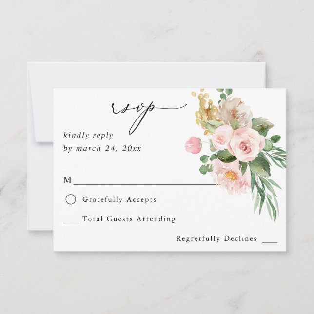 Champagne & Pink Floral no Meal RSVP 2 Card (Front)