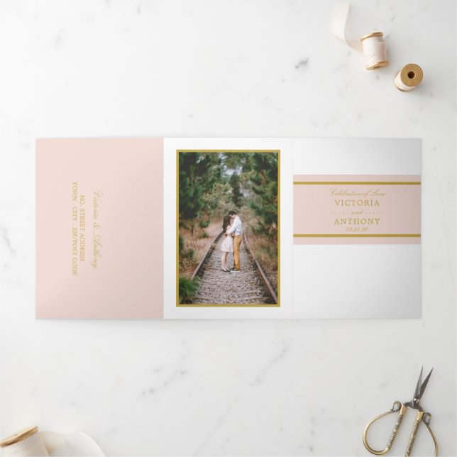 Champagne Pink & Gold Modern Wedding Suite Tri-Fold Invitation (Outside)