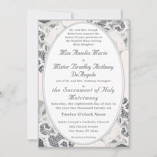Champagne Pink Lace Catholic Wedding Invitation (Front)