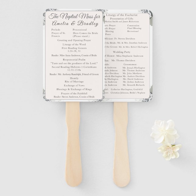 Champagne-Pink Lace Catholic Wedding Program Hand Fan (Front and Back)