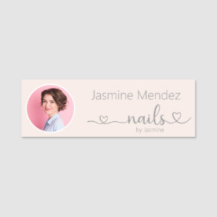 Champagne Pink Professional Nail Stylist Photo Name Tag