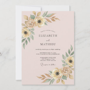 Champagne Pink Ranunculus Eucalyptus Wedding Invitation