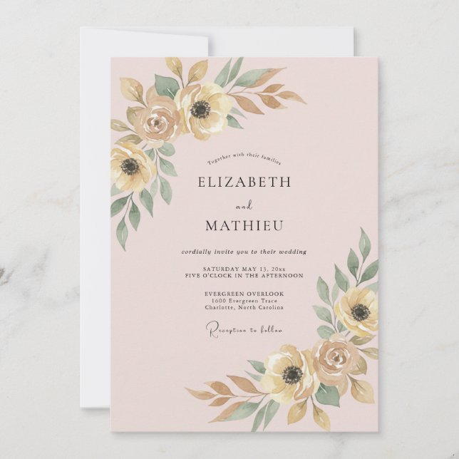 Champagne Pink Ranunculus Eucalyptus Wedding Invitation (Front)