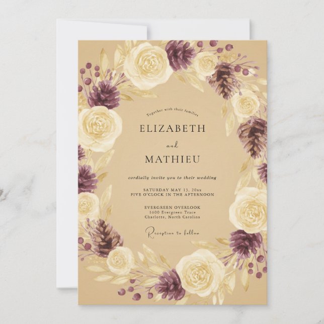 Champagne Plum Wreath Wedding Invitation (Front)