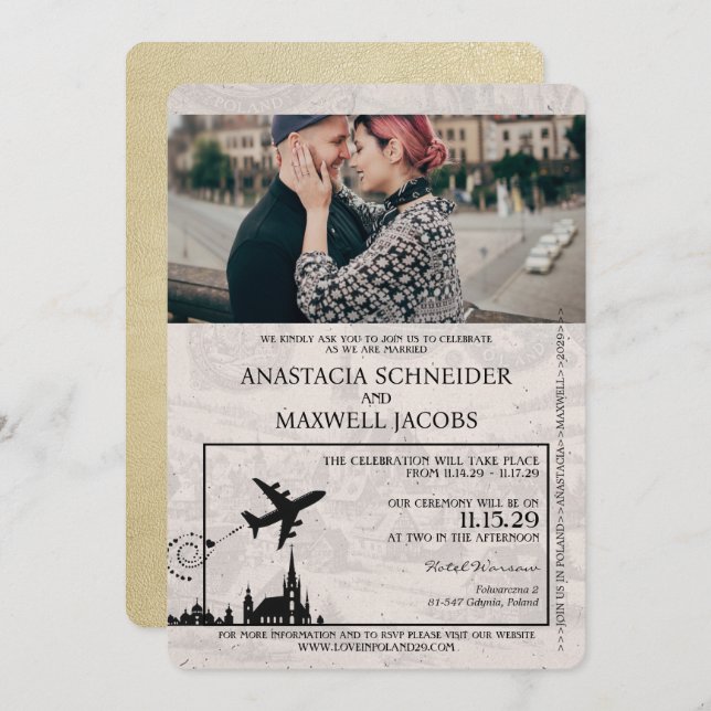 Champagne Poland Passport Wedding Invitation (Front/Back)