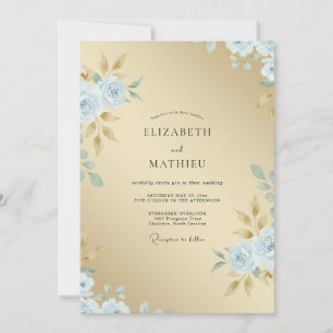 Champagne Powder Blue Leafy Wedding Invitation