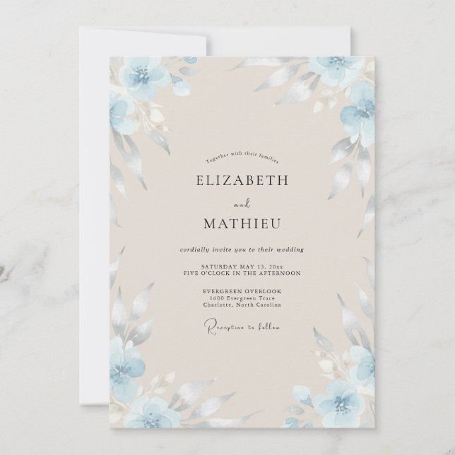 Champagne Powder Blue Painted Wedding Invitation (Front)