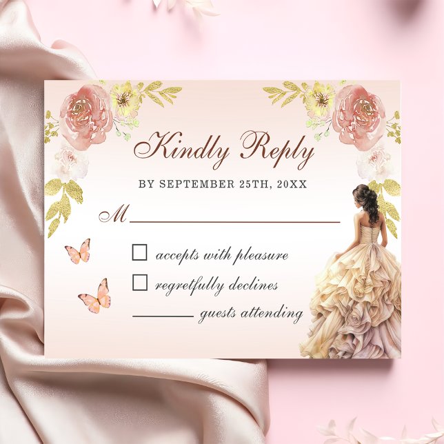 Champagne Princess Dress Quinceañera Birthday RSVP Card (Creator Uploaded)