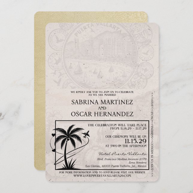 Champagne Puerta Vallarta Passport Wedding Invitation (Front/Back)