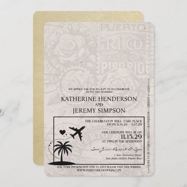 Champagne Puerto Rico Passport Wedding Invitation (Front/Back)