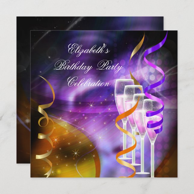 Champagne Purple Gold Abstract Birthday Party Invitation (Front/Back)