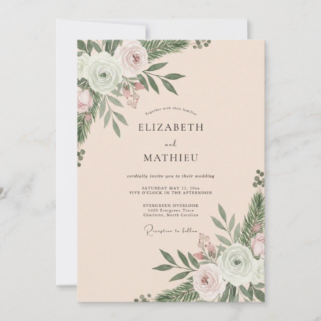 Champagne Ranunculus Foliage Eucalyptus Wedding Invitation (Front)