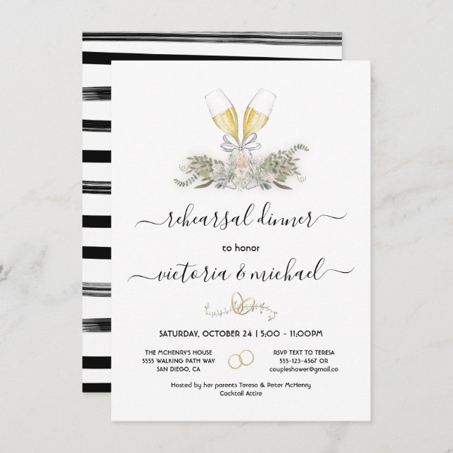 Champagne Rehearsal Dinner floral watercolor Invitation (Front/Back)