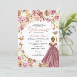 Champagne Rose Gold Butterfly Princess Quinceanera Invitation