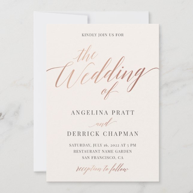 Champagne Rose Gold Ivory Calligraphy Wedding Invi Invitation (Front)