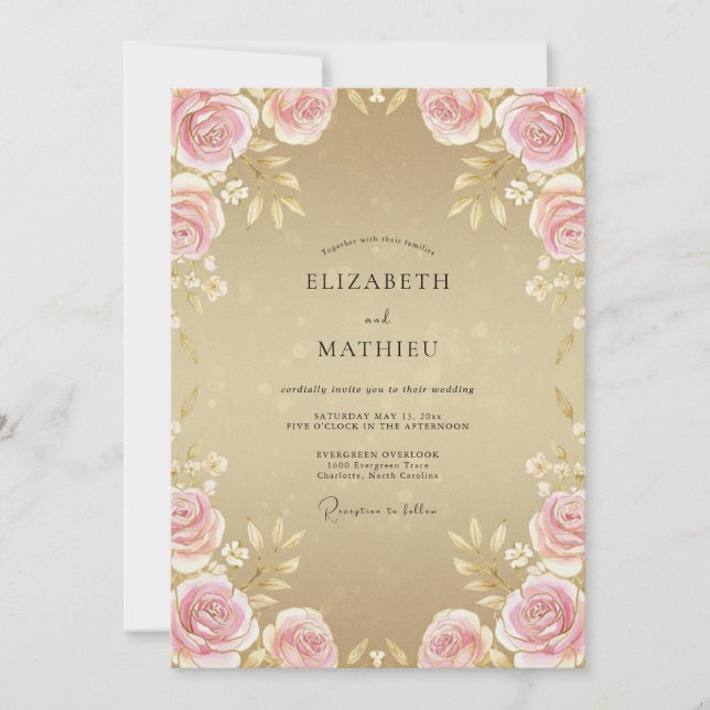 Champagne Rose Pink Peony Wedding Invitation (Front)