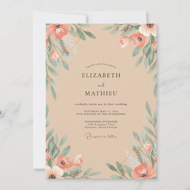 Champagne Salmon Leafy Wedding Invitation (Front)