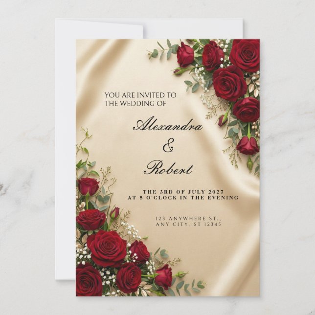 Champagne Satin Red Rose Wedding Invitation (Front)