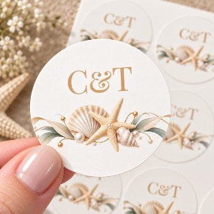 Champagne Seashell Starfish Coastal Wedding Classic Round Sticker