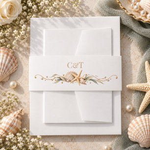 Champagne Seashell Starfish Coastal Wedding Invitation Belly Band