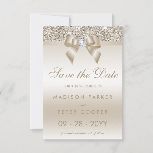 Champagne Sequins Diamond Bow Save The Date (Front)