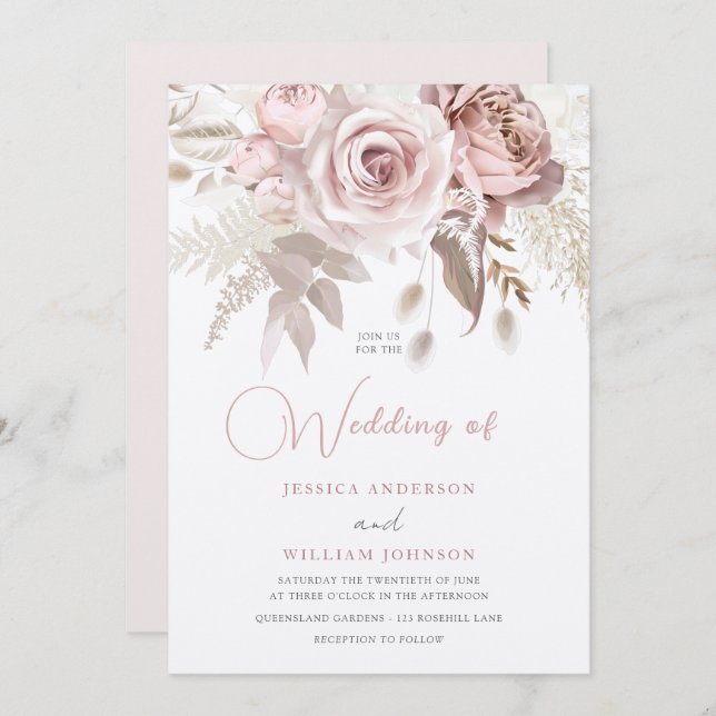 Champagne Shimmer Dusty Rose Blush Spring Wedding  Invitation (Front/Back)