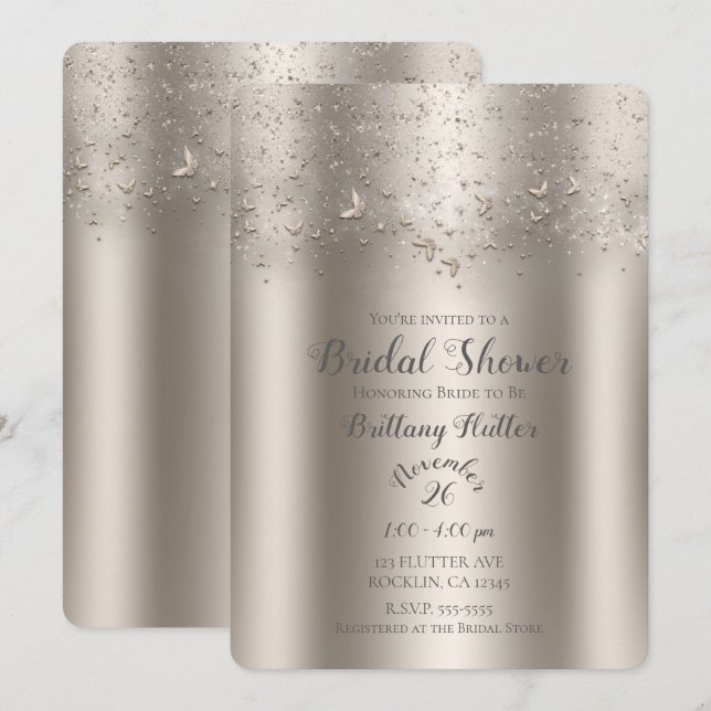 Champagne Shimmer Flutter Butterfly Bridal Shower Invitation (Front/Back)