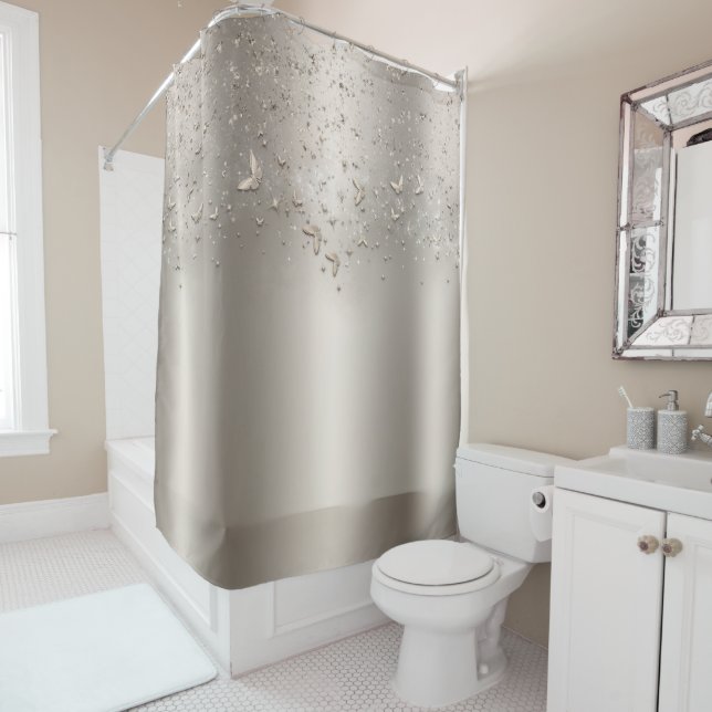 Champagne Shimmer Sparkle Flutter Butterfly Shower Curtain (In Situ)