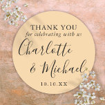 Champagne Signature Wedding Favour Thank You Classic Round Sticker<br><div class="desc">Champagne signature wedding favour thank you classic round sticker featuring signature style names. Personalise with your special thank you information in chic typography. Designed by Thisisnotme©</div>