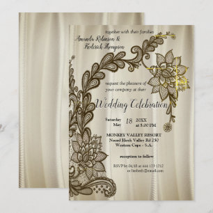  Champagne Silk with Gold Lace Invitation