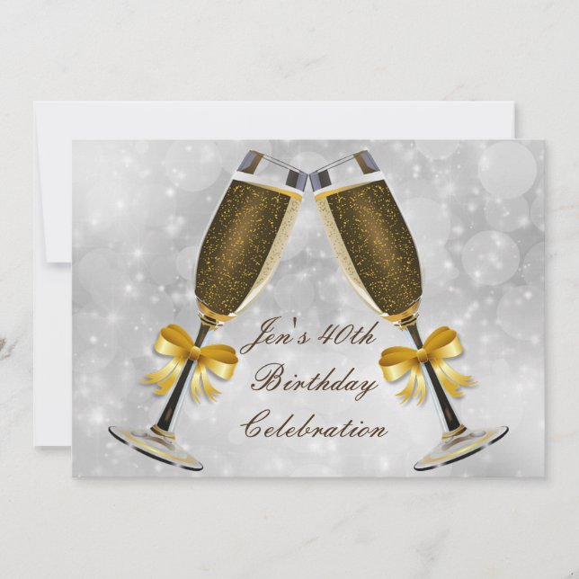 Champagne silver glamour 40th birthday party invitation (Front)
