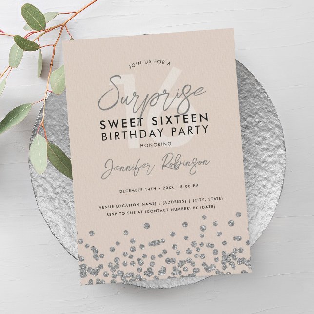 Champagne Silver Glitter Surprise Sweet 16  Invitation (Champagne Silver Glitter Surprise Sweet 16 Invitation)