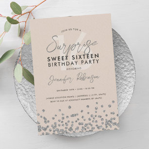 Champagne Silver Glitter Surprise Sweet 16  Invitation