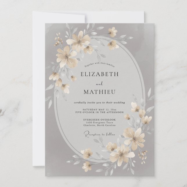 Champagne Silver Petal Wedding Invitation (Front)