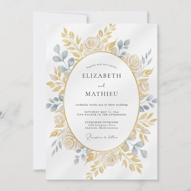Champagne Slate Leafy Wedding Invitation (Front)
