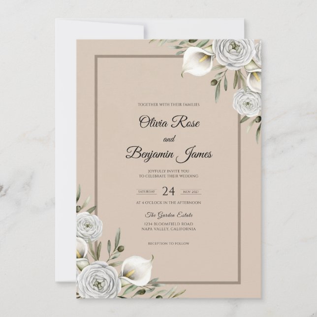 Champagne Soft Ivory Leaf Wedding Invitation (Front)