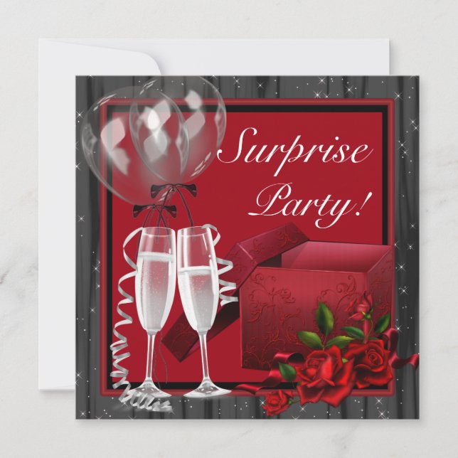 Champagne Sparkles Red Surprise Party Invitation (Front)