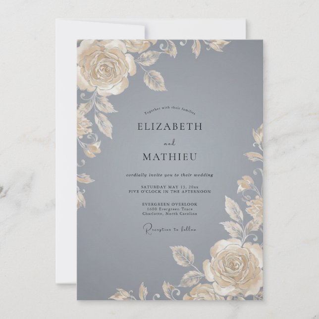 Champagne Steel Grey Rose Wedding Invitation (Front)