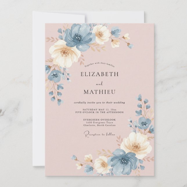 Champagne Steel Ranunculus Eucalyptus Wedding Invitation (Front)