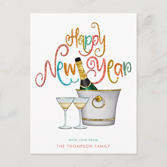 Champagne Teal Coral Gold Glitter Happy New Year Holiday Postcard (Front)