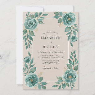Champagne Teal Rose Wedding Invitation