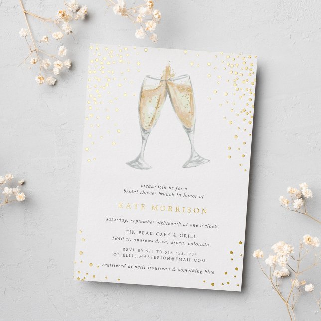 Champagne Toast | Bridal Shower Brunch (Champagne themed bridal shower invitation on smooth white paper with gold foil accents)