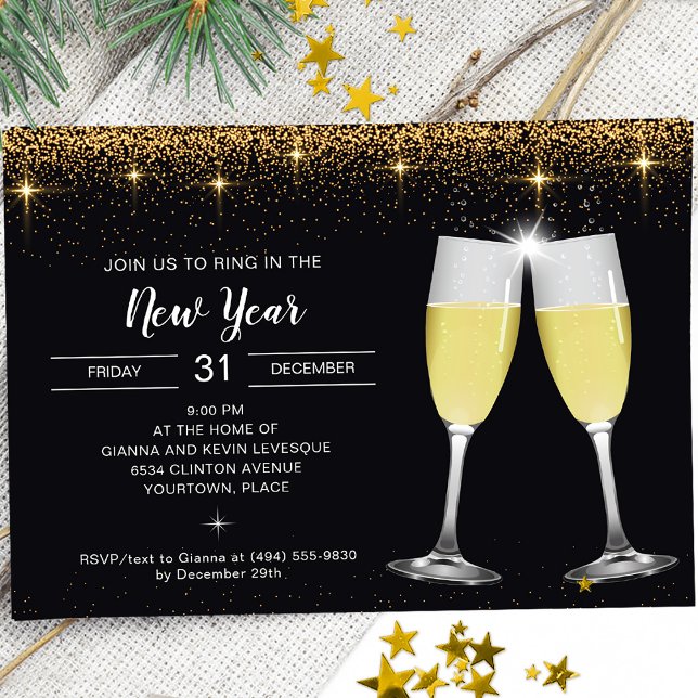 Champagne Toast Glitter New Year's Eve Party Holiday Card (Creator Uploaded)